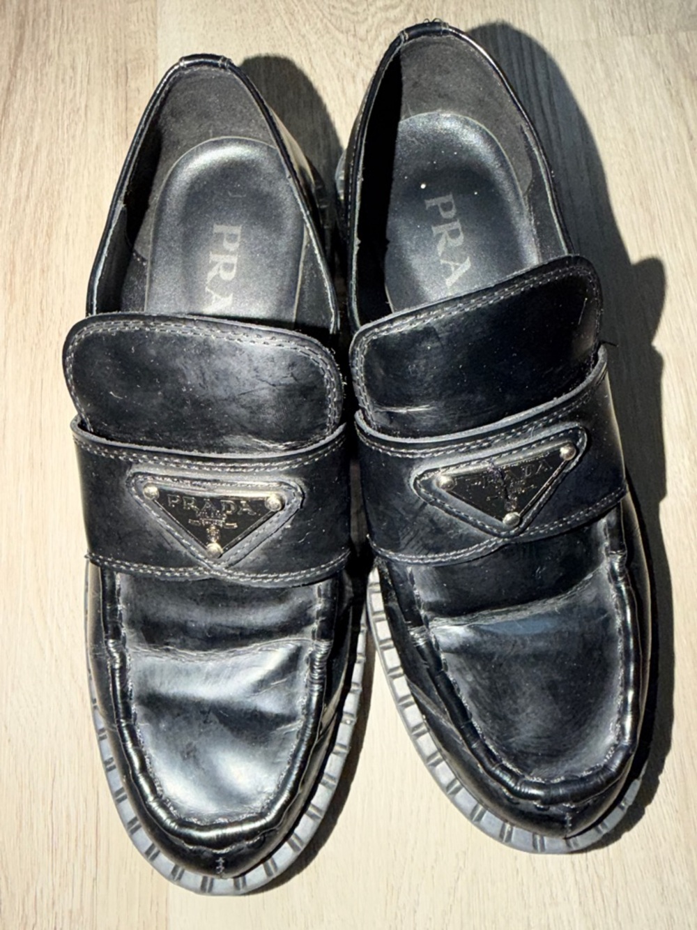 Prada Black Leather Penny Loafers with Metal Triangle Logo - Picture 15 of 16